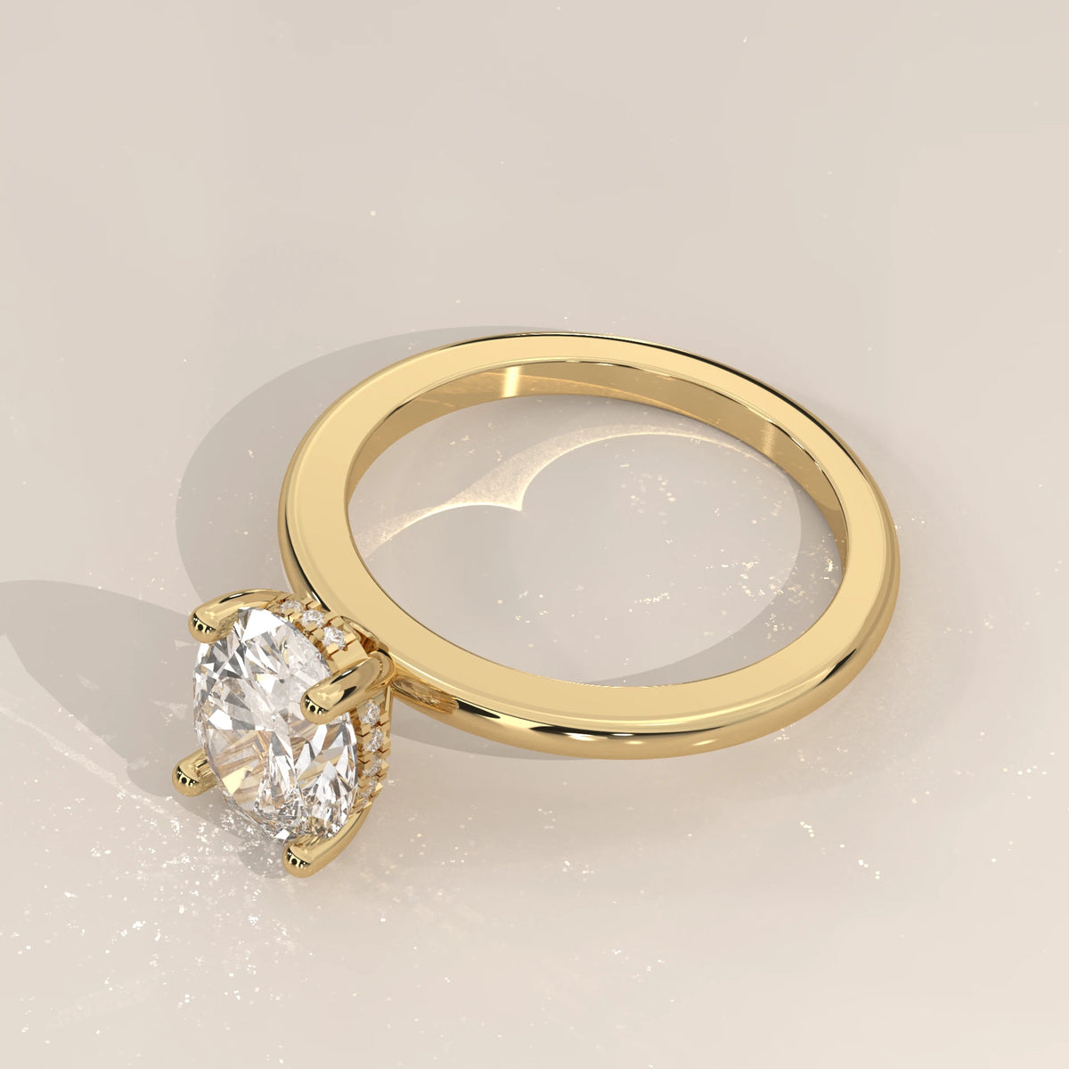Oval Lab Grown Diamond Solitaire with Hidden Halo and Scroll Gallery in yellow gold, shown from the side.
