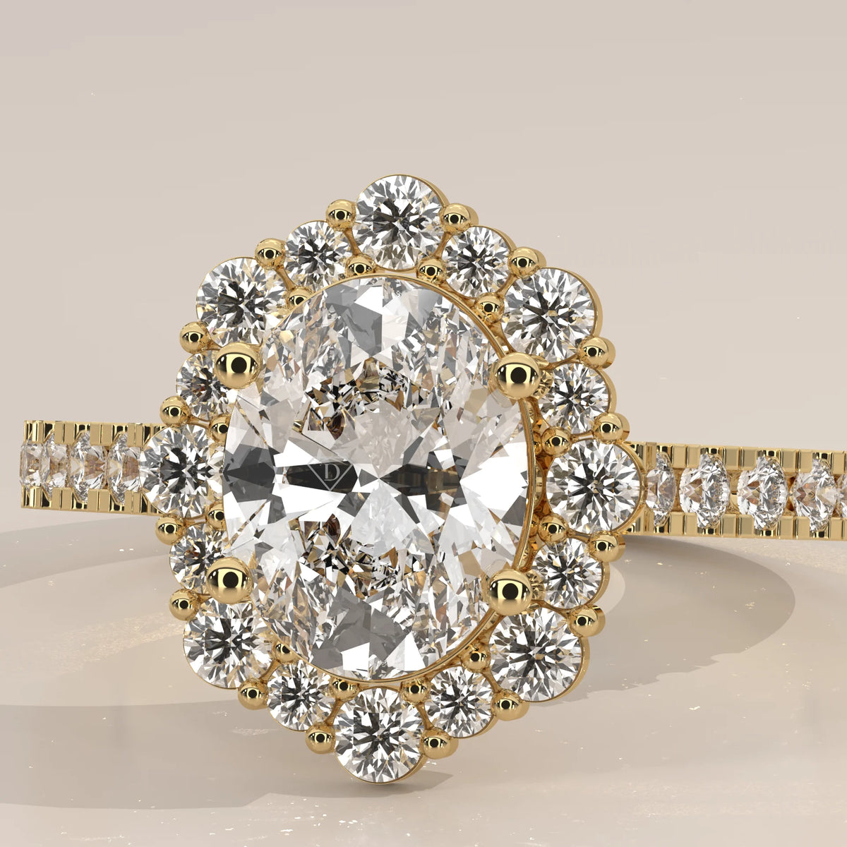 Oval Lab Grown Diamond Cluster Halo Ring with Pave Band in yellow gold, front view on a plain background.