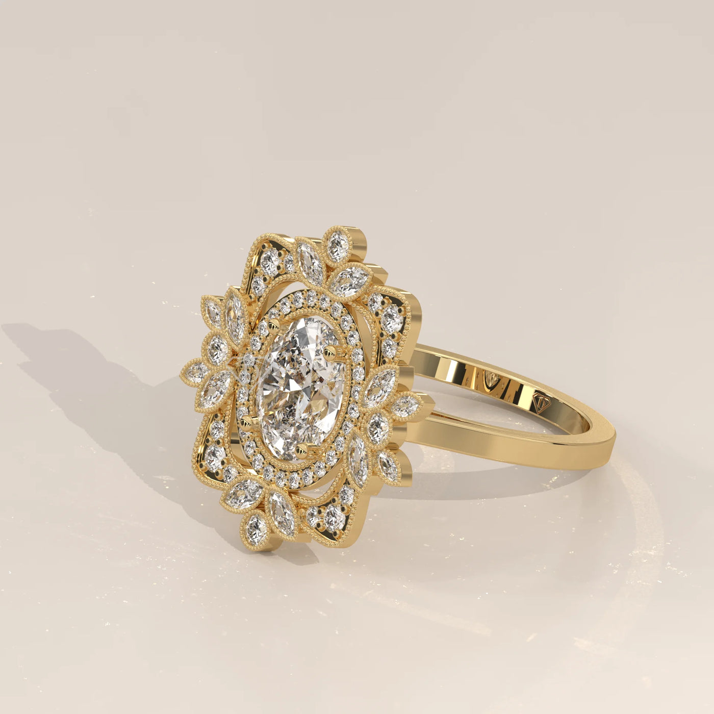 Oval diamond engagement ring with a floral halo in 14k yellow gold.
