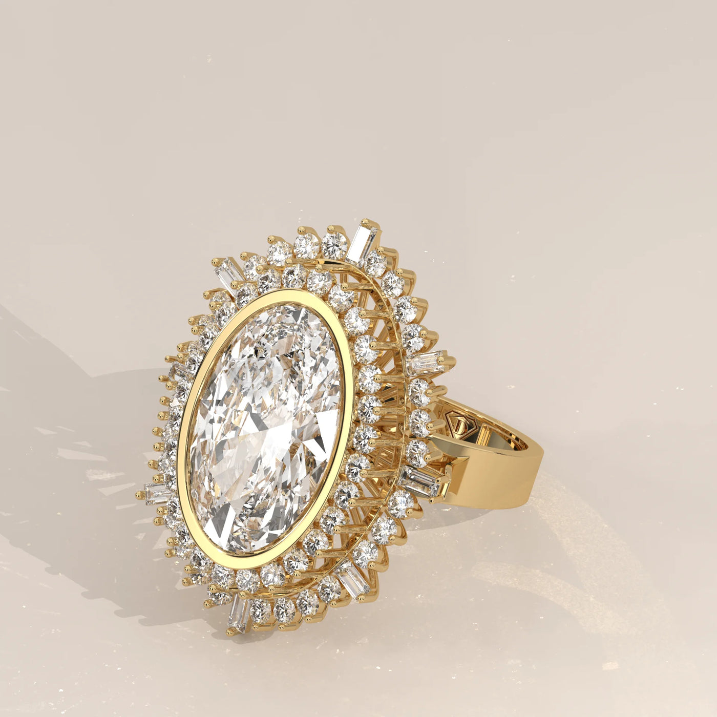 Oval diamond halo ring with baguette and round diamonds in yellow gold.