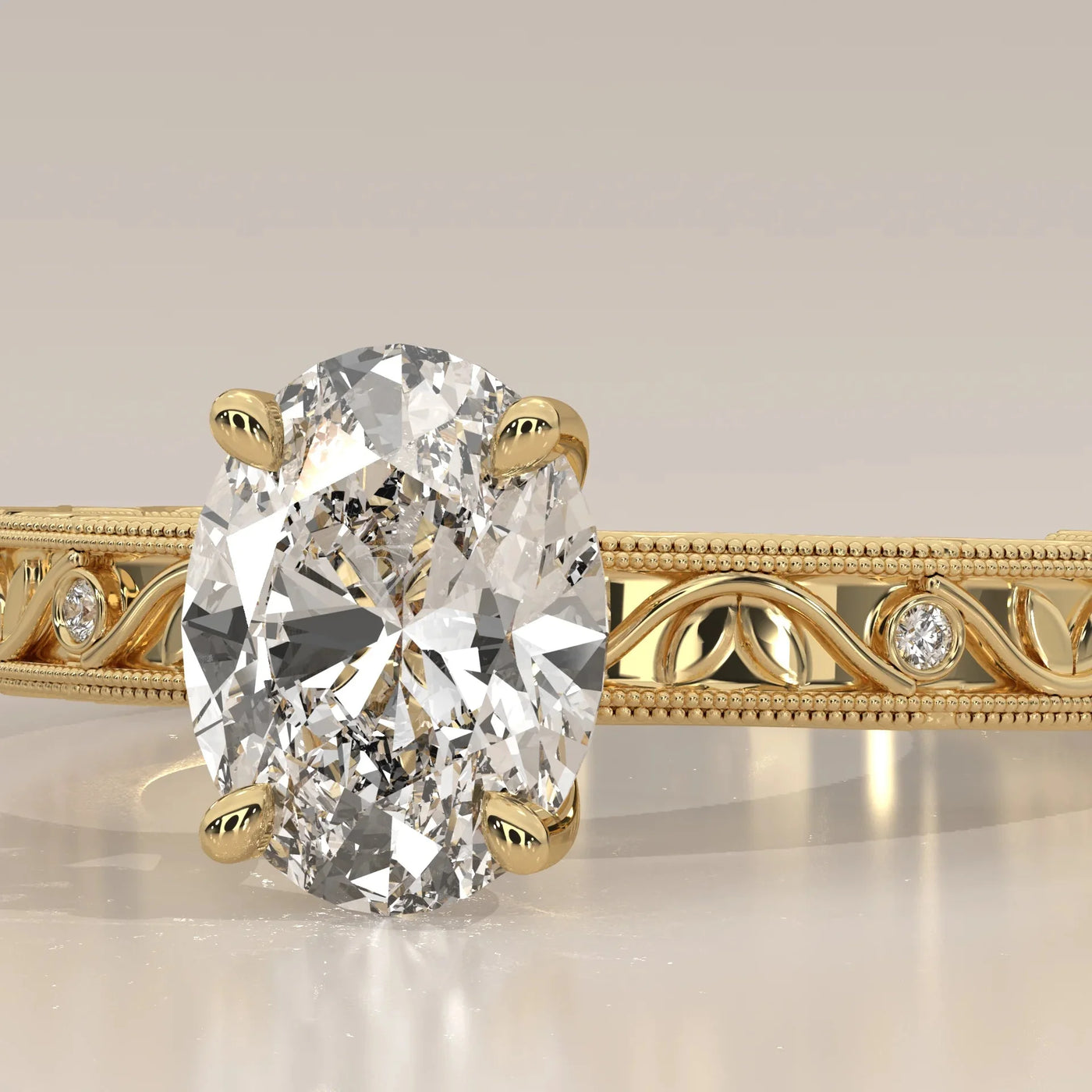 Front View: Oval Diamond Ring with Openwork Setting in Yellow Gold – Lab Grown – Driona Jewels