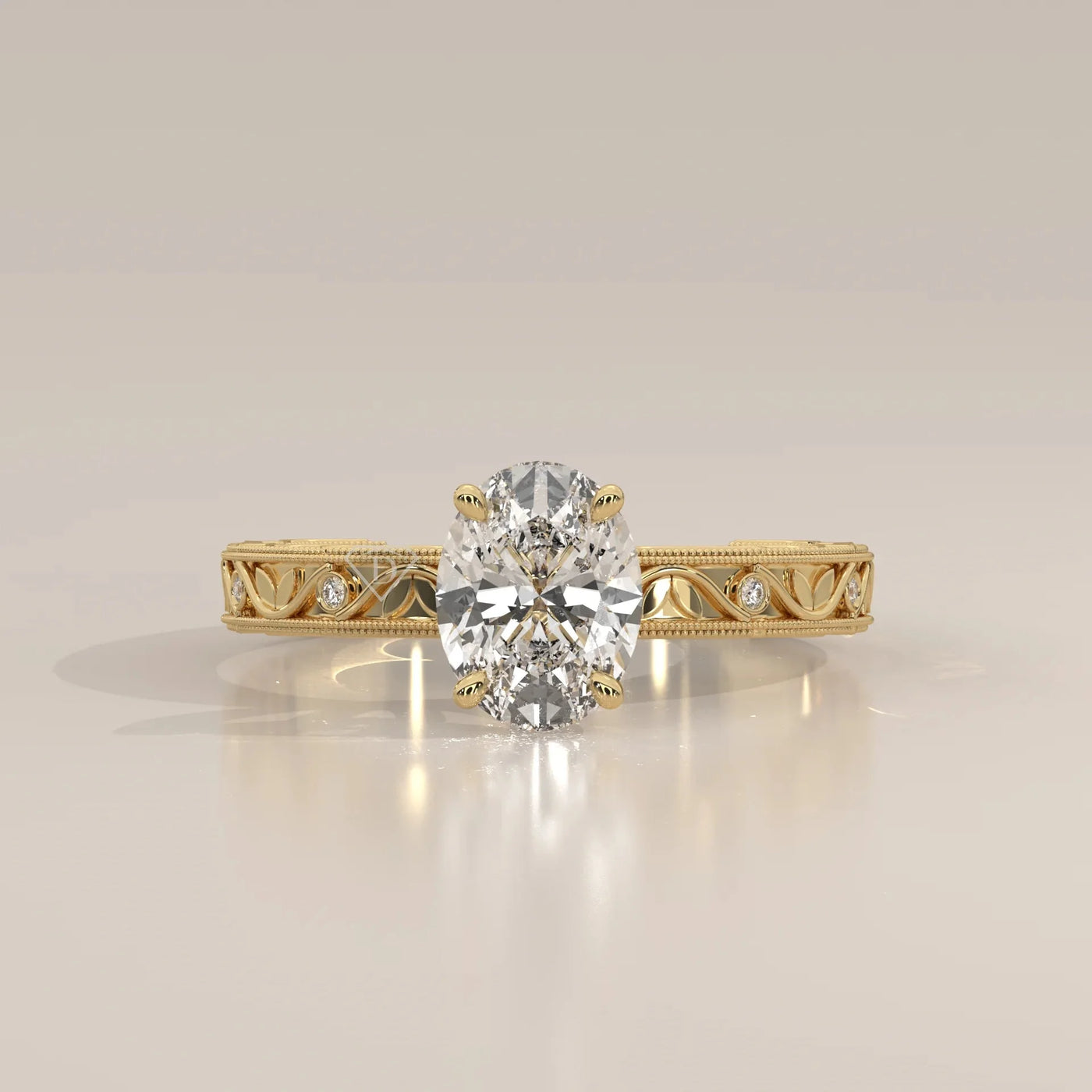 Front View: Oval Diamond Ring with Openwork Setting in Yellow Gold – Lab Grown – Driona Jewels