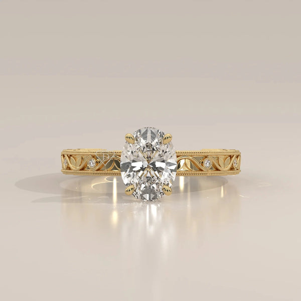 Front View: Oval Diamond Ring with Openwork Setting in Yellow Gold – Lab Grown – Driona Jewels
