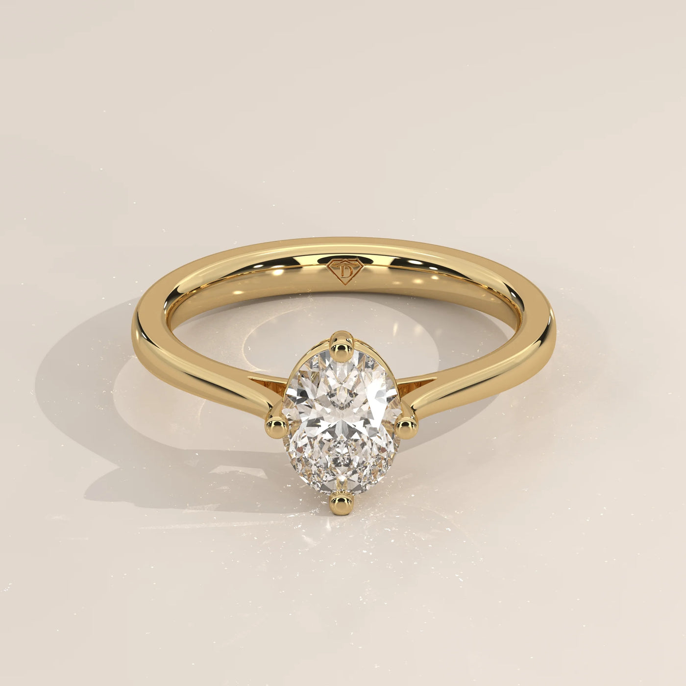 Three-Quarter View: Oval Diamond Engagement Ring with Solitaire Setting in Yellow Gold – Lab Grown – Driona Jewels