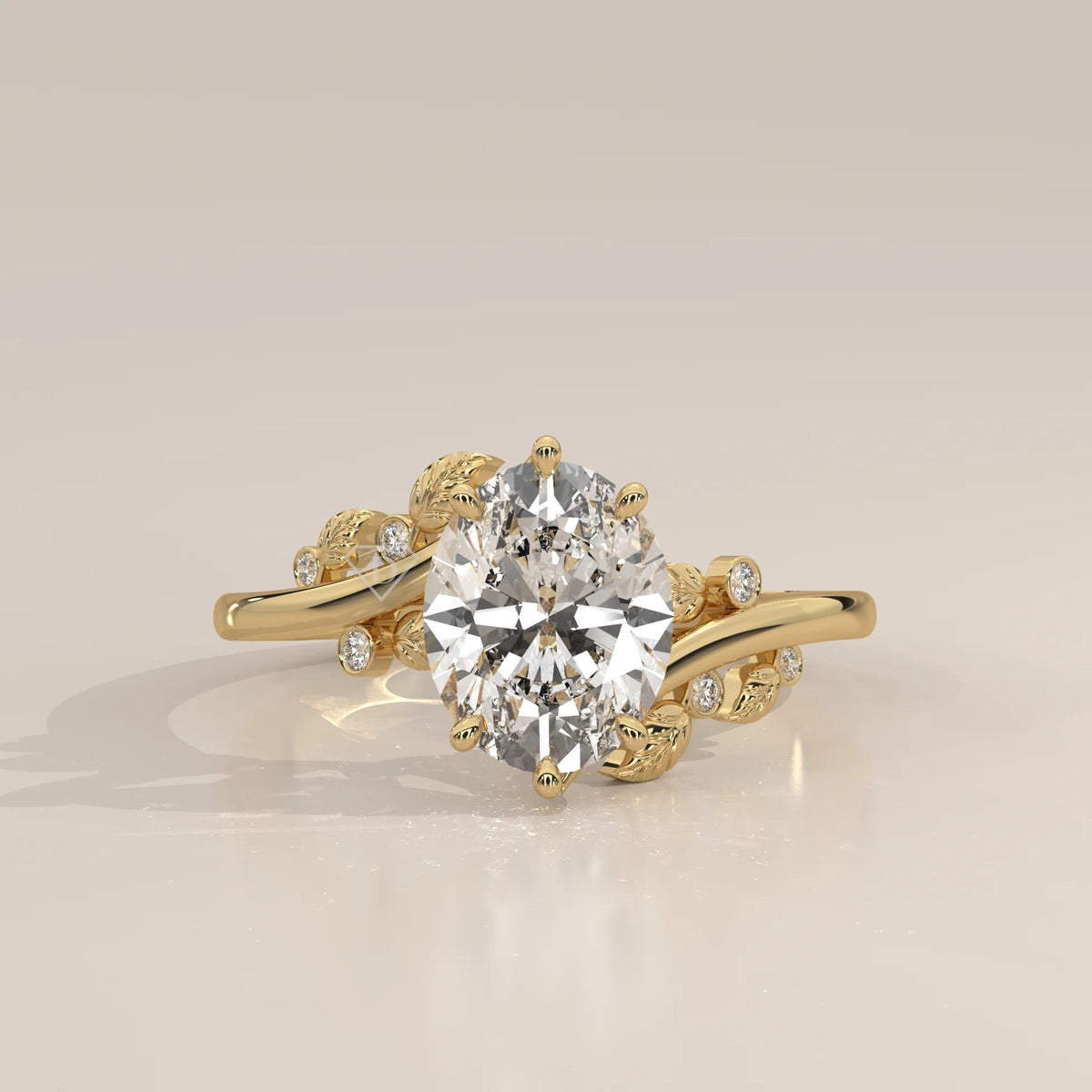 Oval cut diamond engagement ring in yellow gold with floral accents.