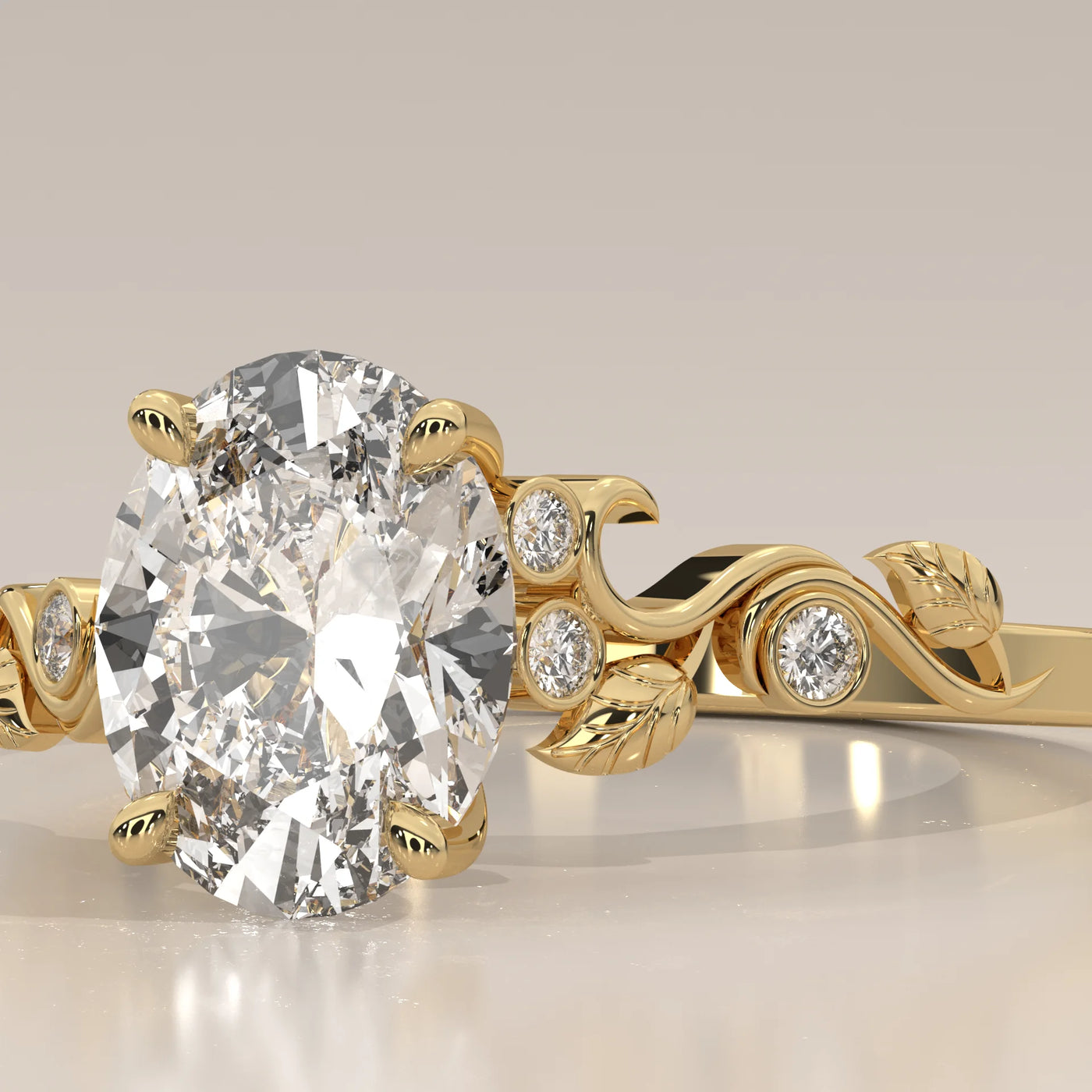 Yellow gold ring with an oval diamond and floral leaf details.