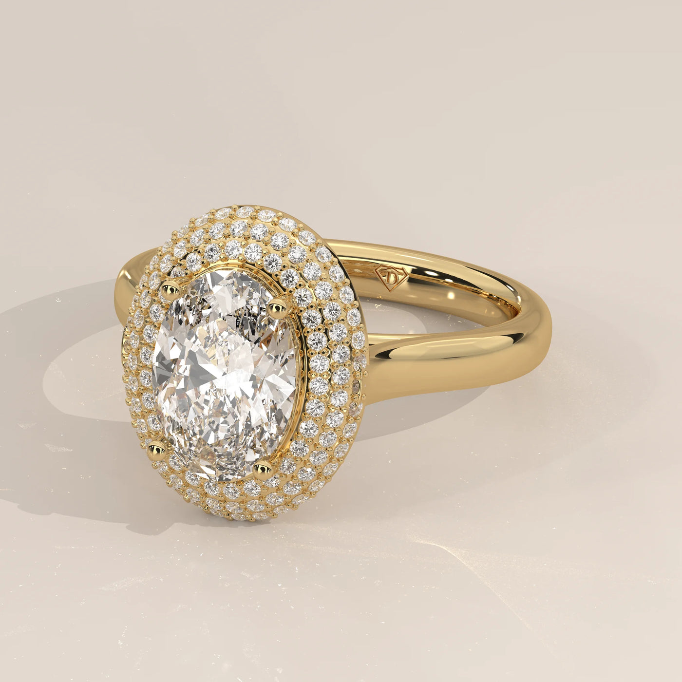 Angle View: Oval Diamond Engagement Ring with Double Halo Setting in Yellow Gold – Lab Grown – Driona Jewels