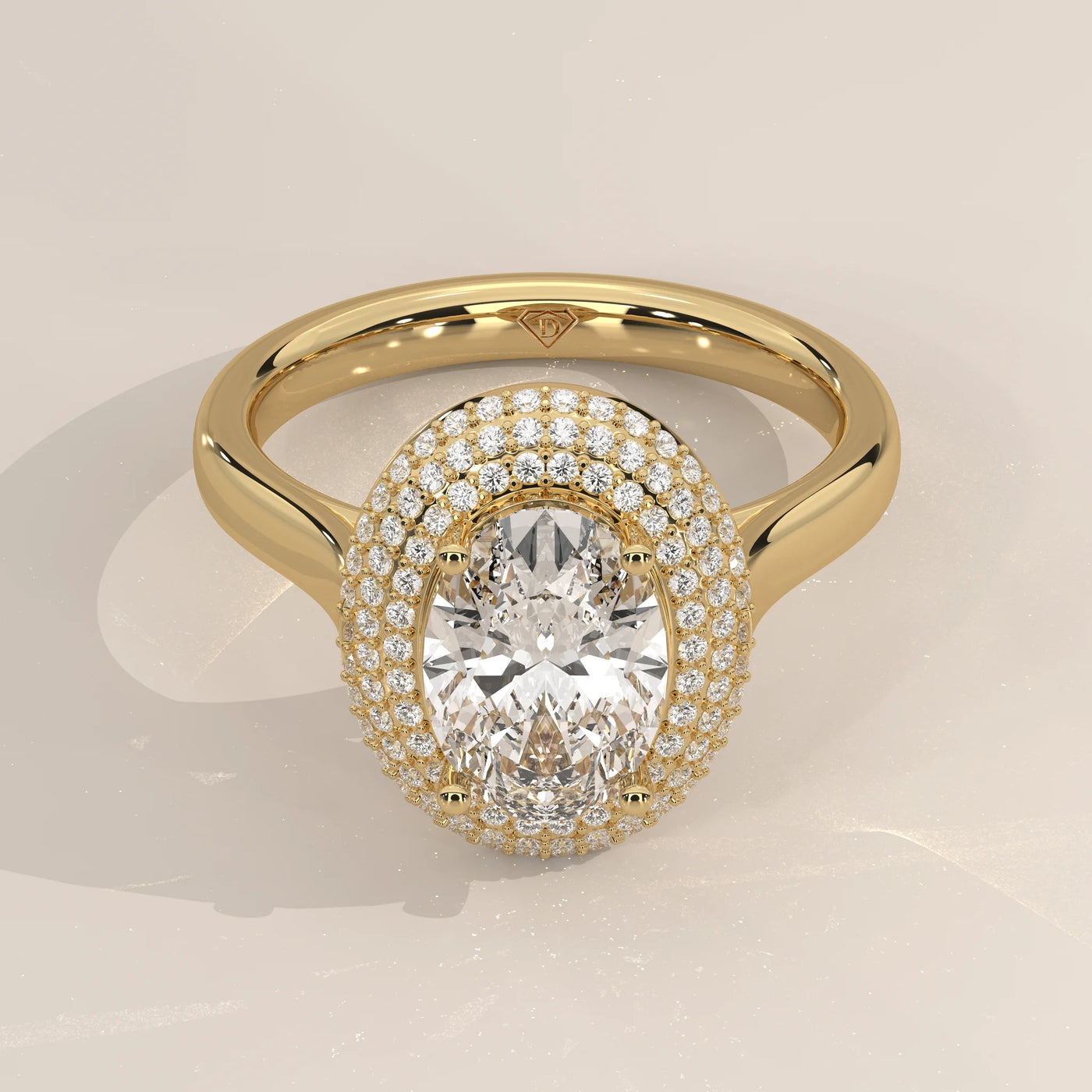 Three-Quarter View: Oval Diamond Engagement Ring with Double Halo Setting in Yellow Gold – Lab Grown – Driona Jewels