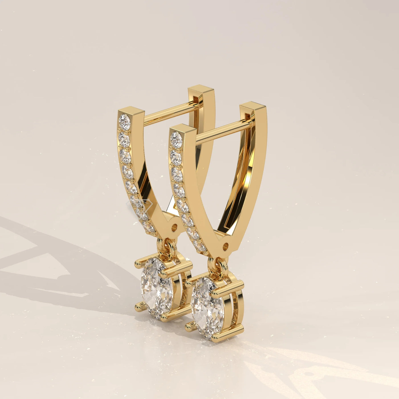 Three-Quarter View: Oval Diamond Drop Earrings with Pavé Setting in Yellow Gold – Lab Grown – Driona Jewels