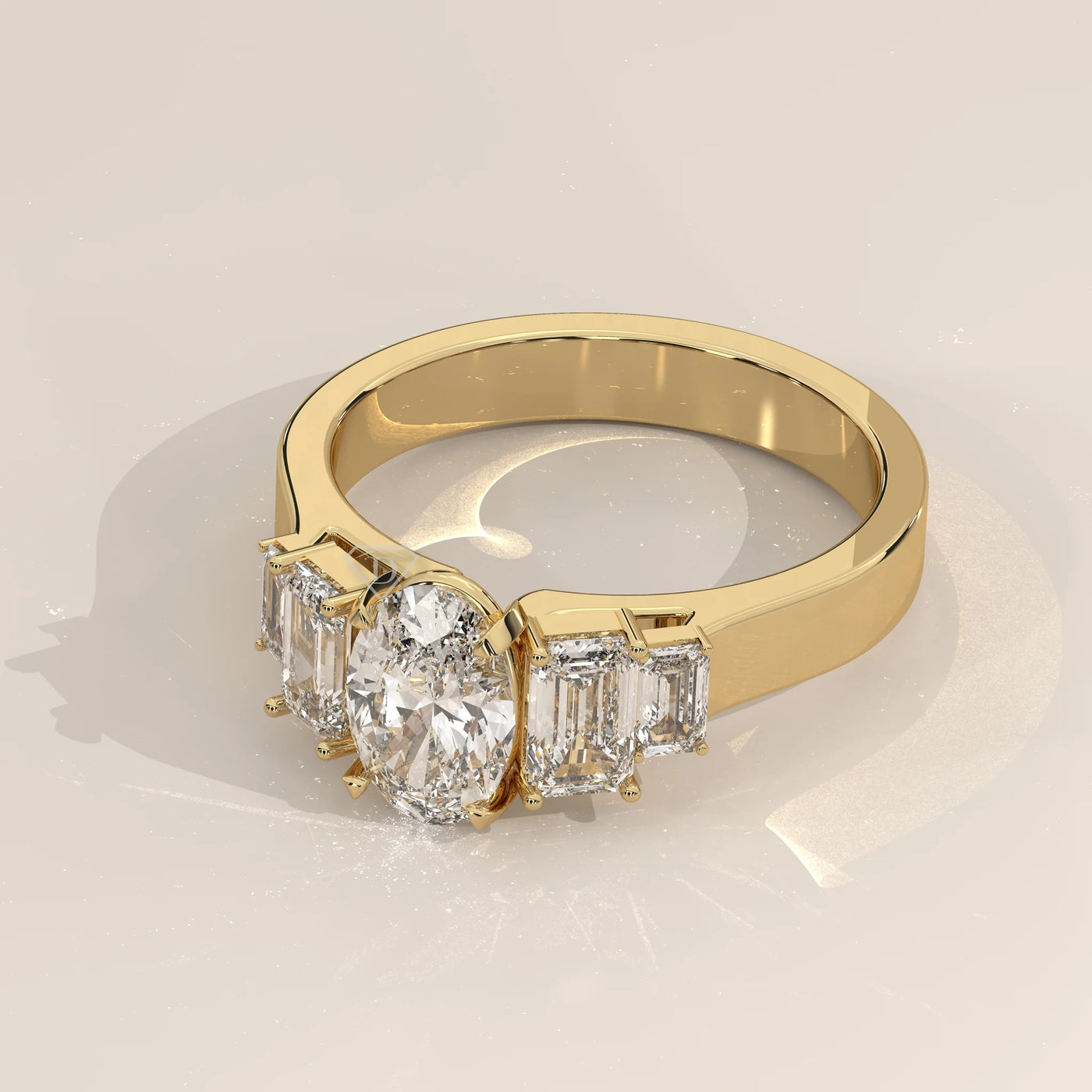 Angle View: Oval Diamond Ring with Three-Stone Setting in Yellow Gold – Lab Grown – Driona Jewels