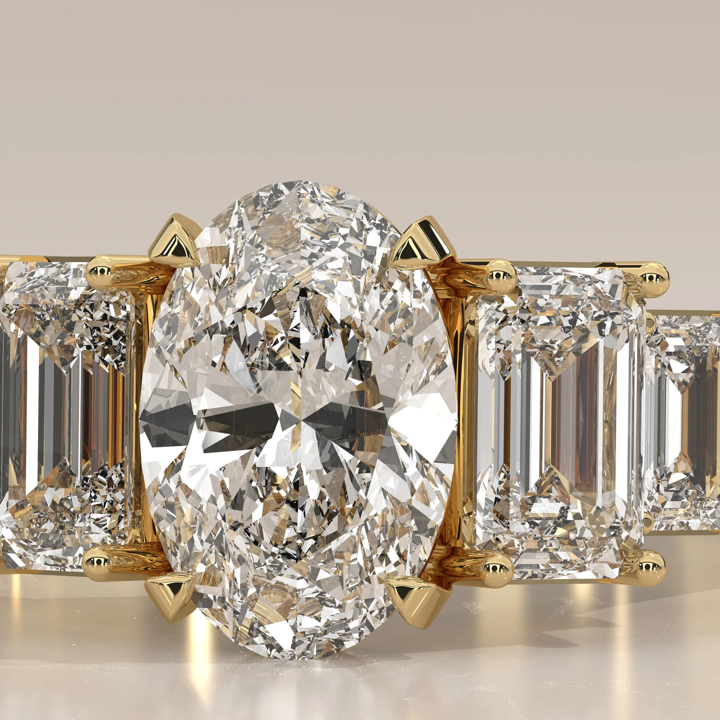 Stone Detail: Oval Lab Grown Diamonds in Three-Stone Setting – Yellow Gold – Driona Jewels