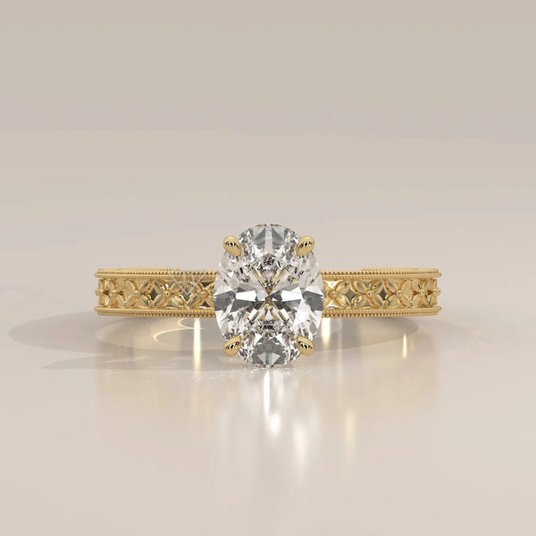 Front View: Oval Diamond Ring with Solitaire Setting in Yellow Gold – Lab Grown – Driona Jewels