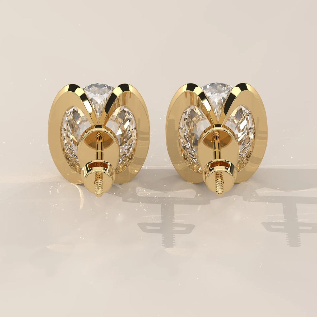 Oval Half Bezel Lab Grown Diamond Stud Earrings with Curved Bars in yellow gold, photographed head-on.