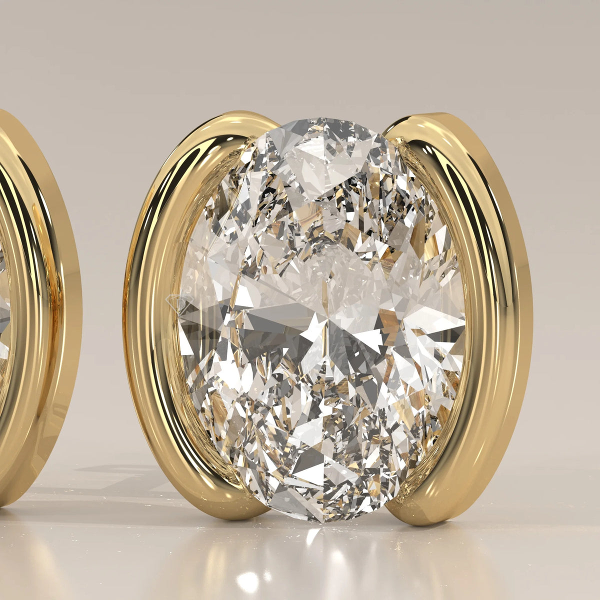 Oval Half Bezel Lab Grown Diamond Stud Earrings with Curved Bars in yellow gold, front view on a plain background.