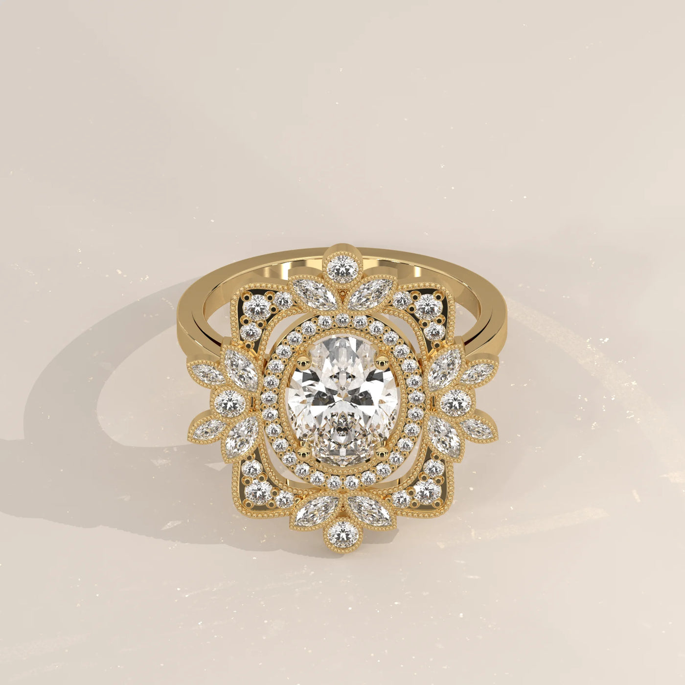 Oval diamond halo engagement ring in 14k yellow gold.