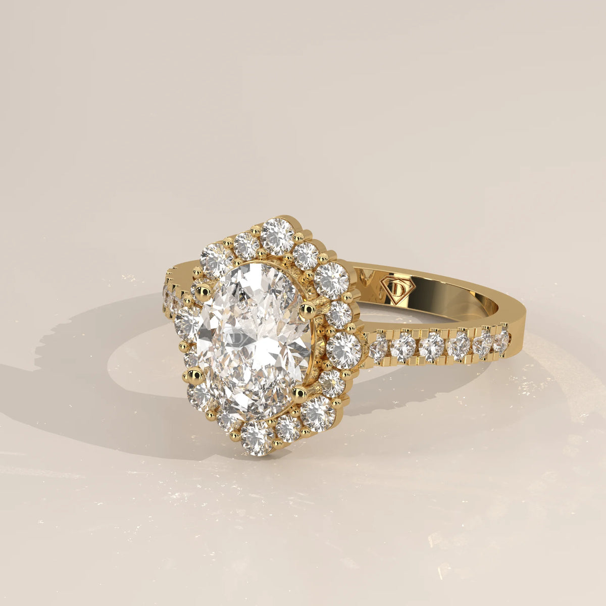Oval Lab Grown Diamond Cluster Halo Ring with Pave Band in yellow gold, shown from the side.