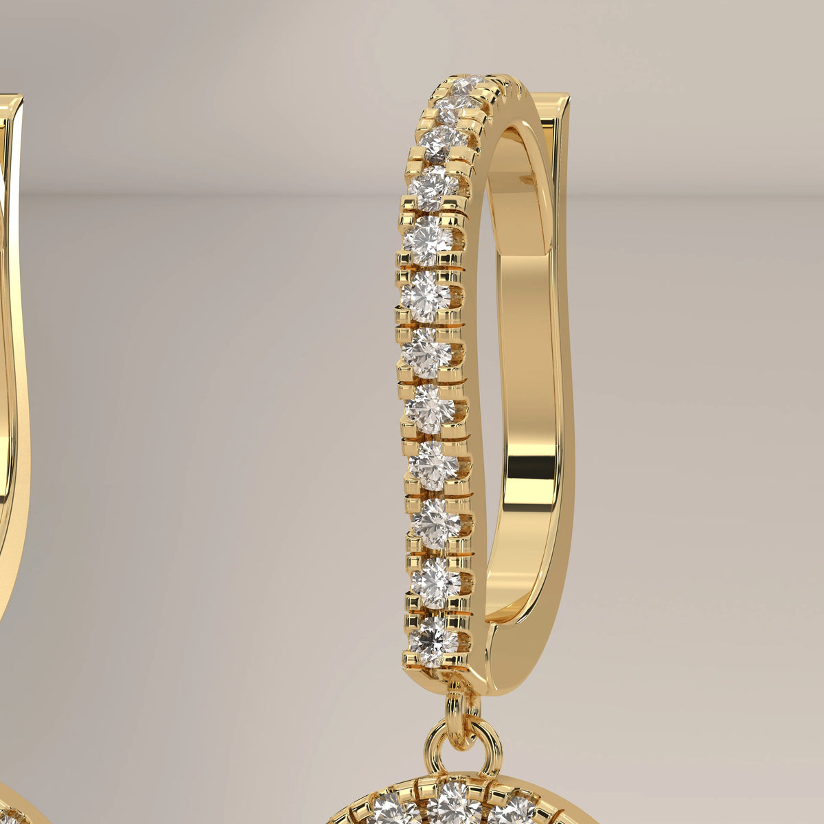 Oval Halo Lab Grown Diamond Drop Earrings with Pave Lever Back in yellow gold, side profile view.