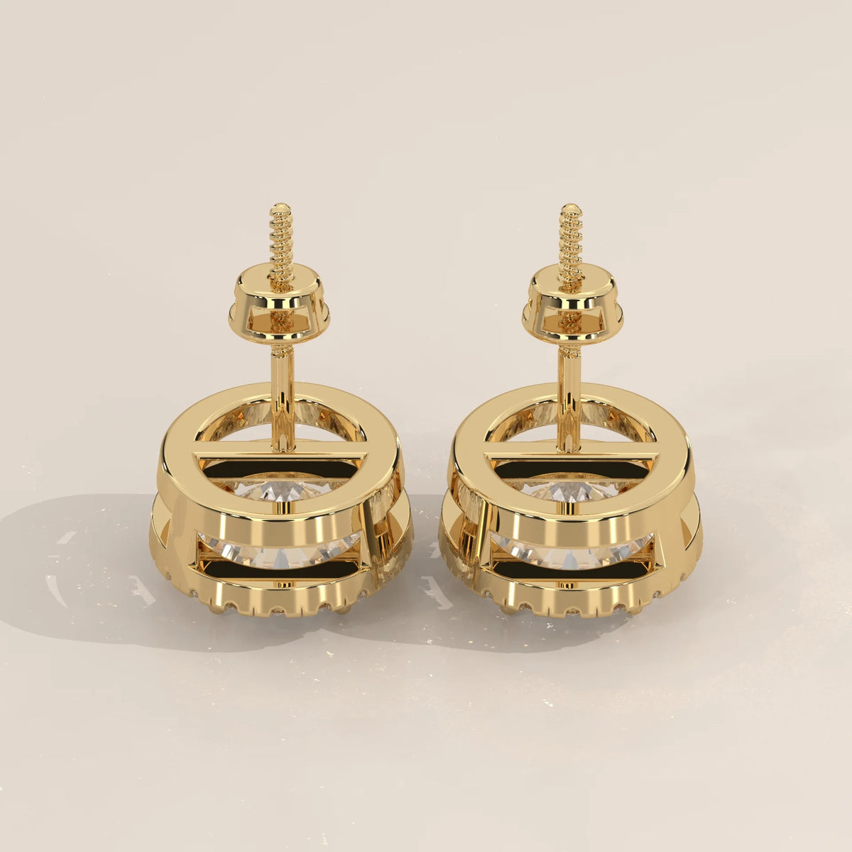 Oval Halo Lab Grown Diamond Stud Earrings with Screw Backs in yellow gold, product photograph on a plain background.