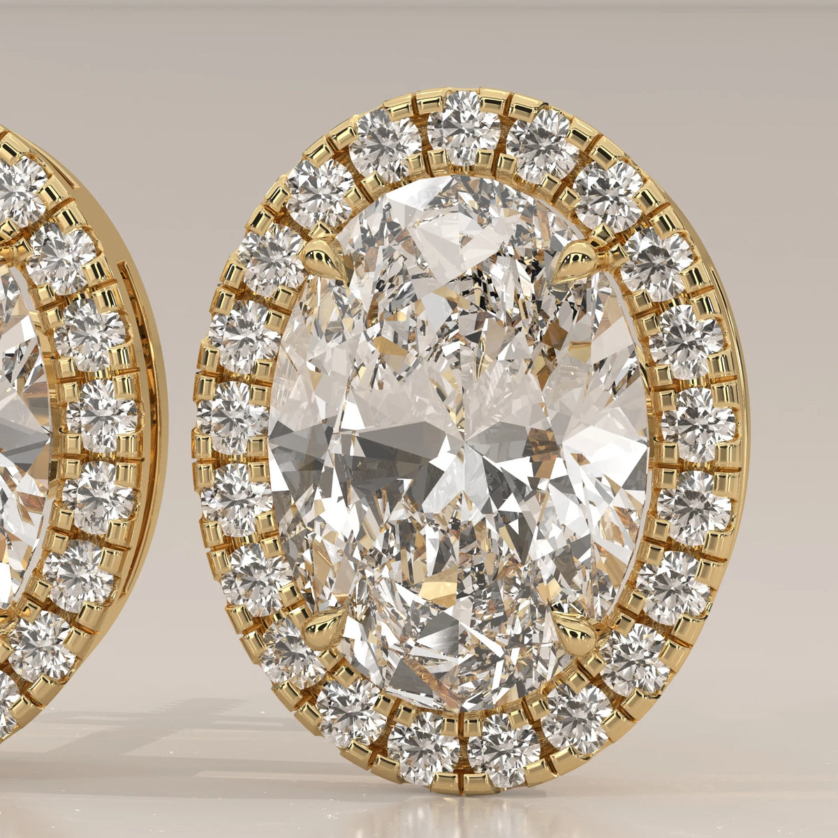 Oval Halo Lab Grown Diamond Stud Earrings with Screw Backs in yellow gold, front view on a plain background.