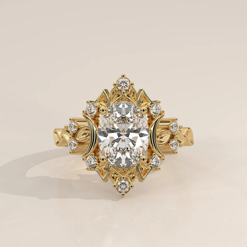 Front view: Oval Diamond Celestial Halo Ring with Claw Setting in 14K Yellow Gold – Lab Grown – Driona Jewels