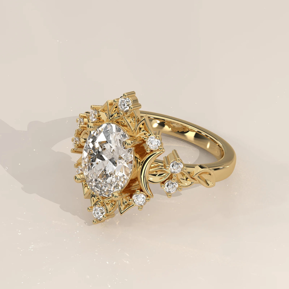Side angle view: Oval Diamond Celestial Halo Ring with Claw Setting in 14K Yellow Gold – Lab Grown – Driona Jewels