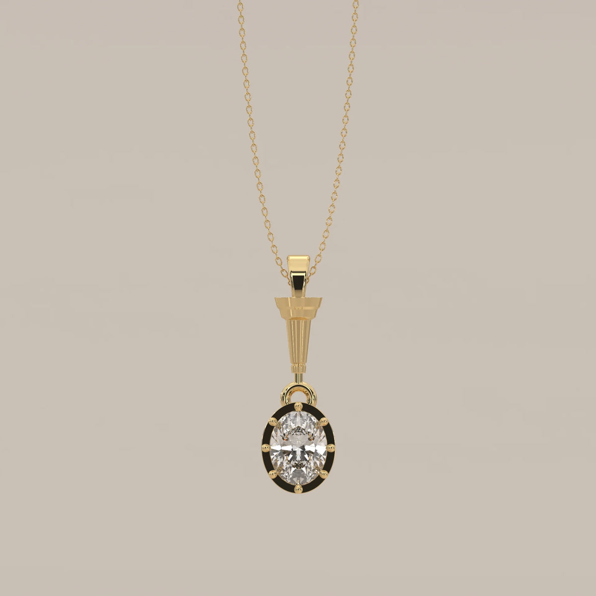 Oval Lab Grown Diamond Art Deco Pendant with Fluted Torch Bail in yellow gold, shown from the front.