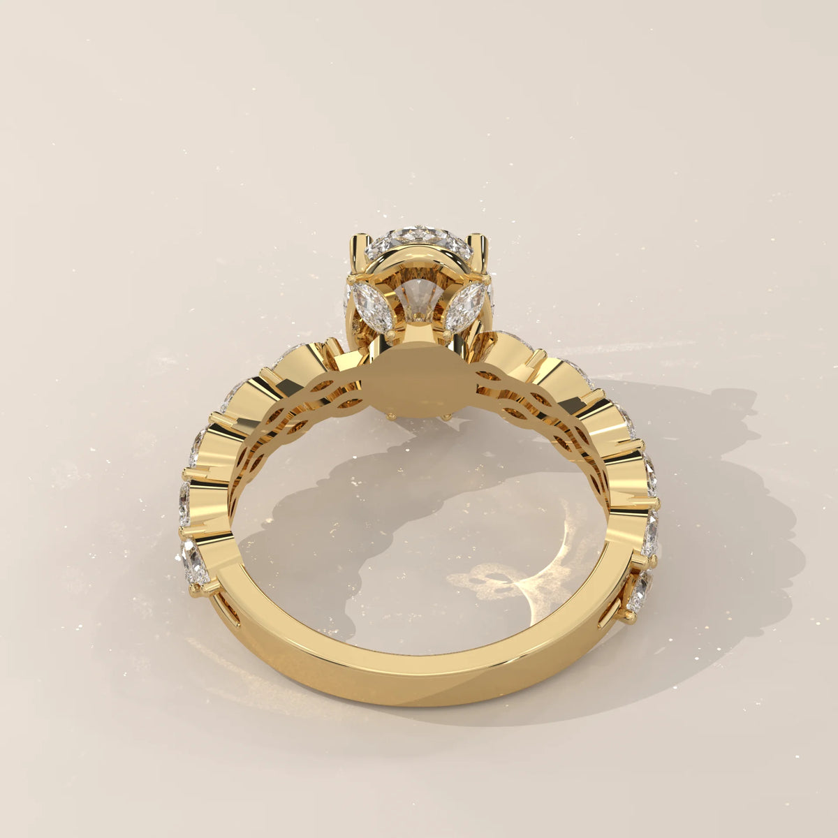 Oval Lab Grown Diamond Engagement Ring with Marquise Band in Yellow Gold - back view of gallery and shank - Driona Jewels