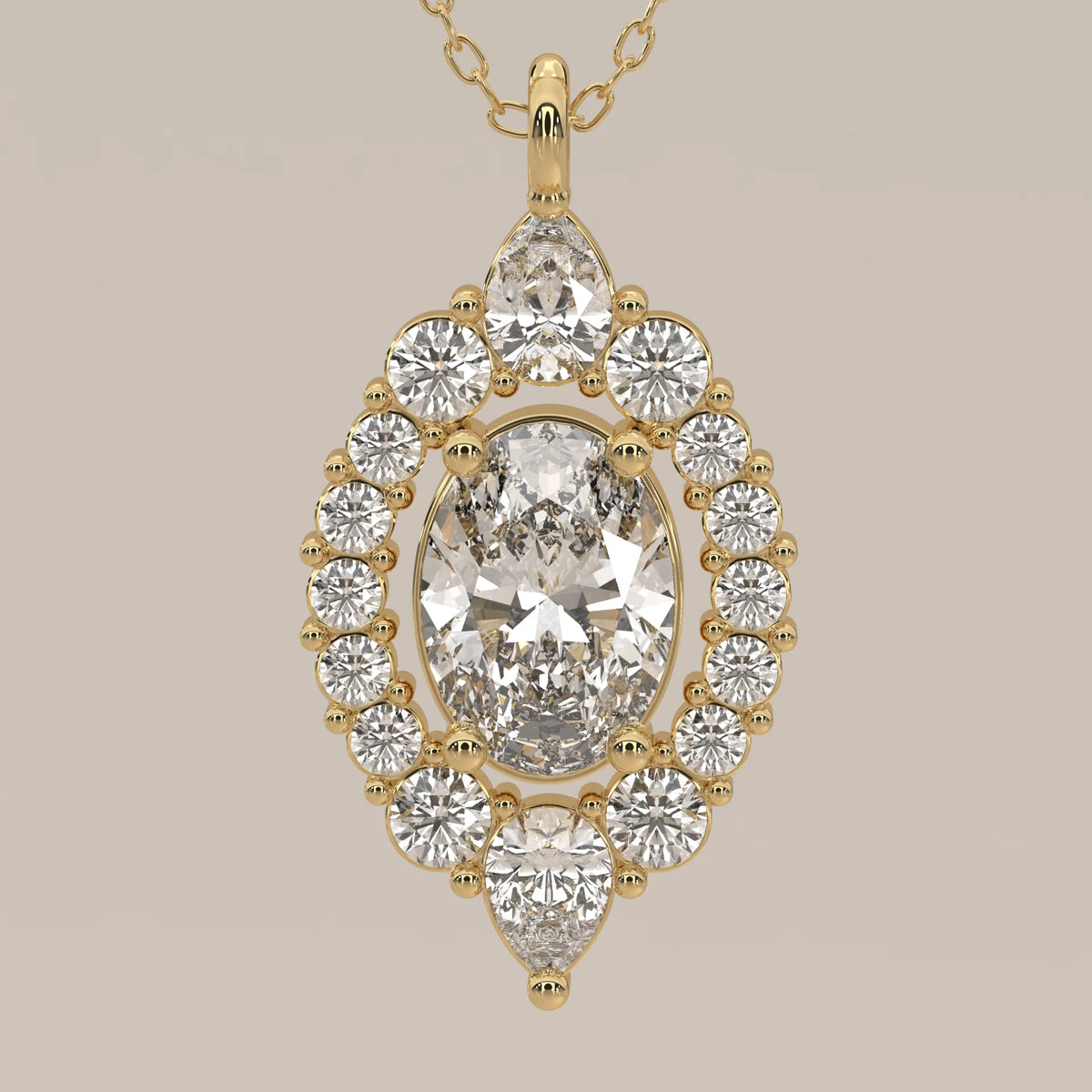Oval Lab Grown Diamond Halo Pendant with Pear Accents Top and Bottom in yellow gold, front view on a plain background.