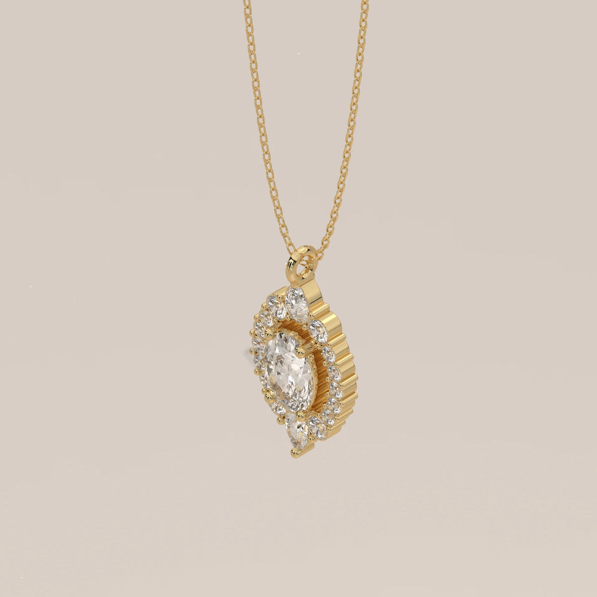 Oval Lab Grown Diamond Halo Pendant with Pear Accents Top and Bottom in yellow gold, shown from the side.