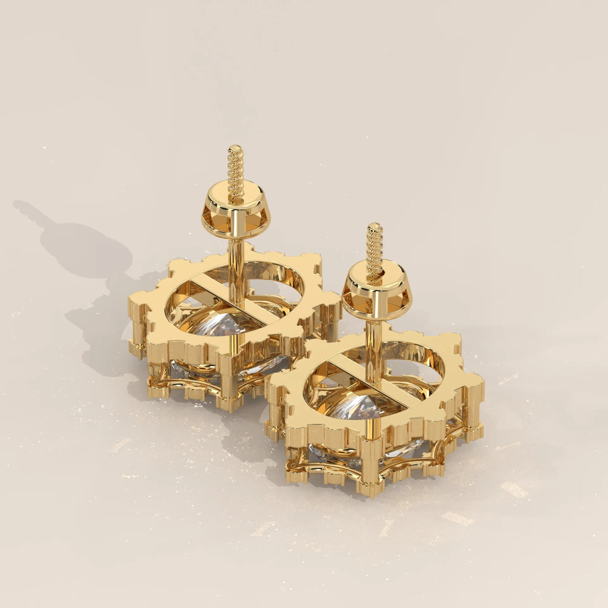 Oval Lab Grown Diamond Studs in a Snowflake Point Halo in yellow gold, product photograph on a plain background.