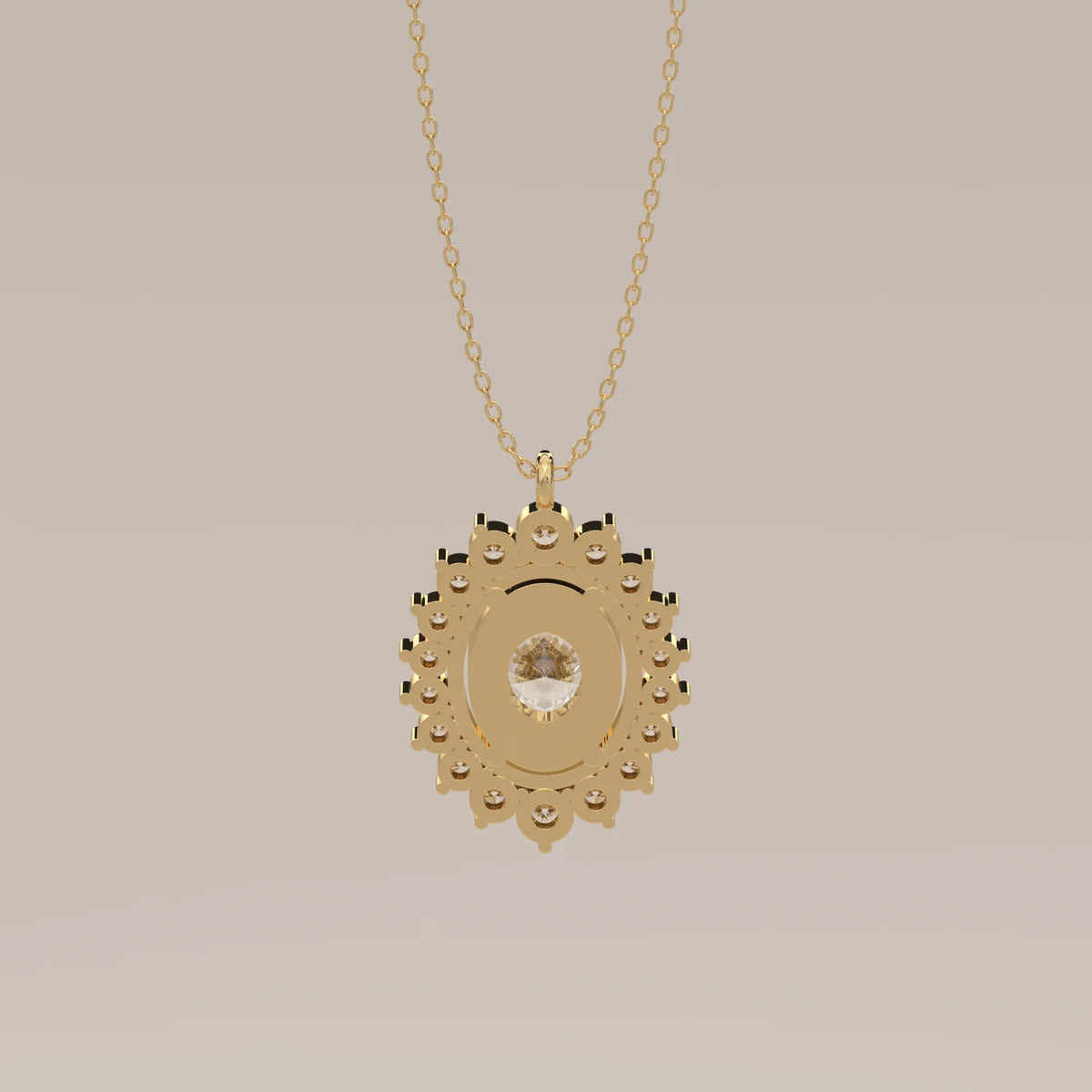 Oval Lab Grown Diamond Sunburst Halo Pendant with Alternating Rounds in yellow gold, photographed head-on.