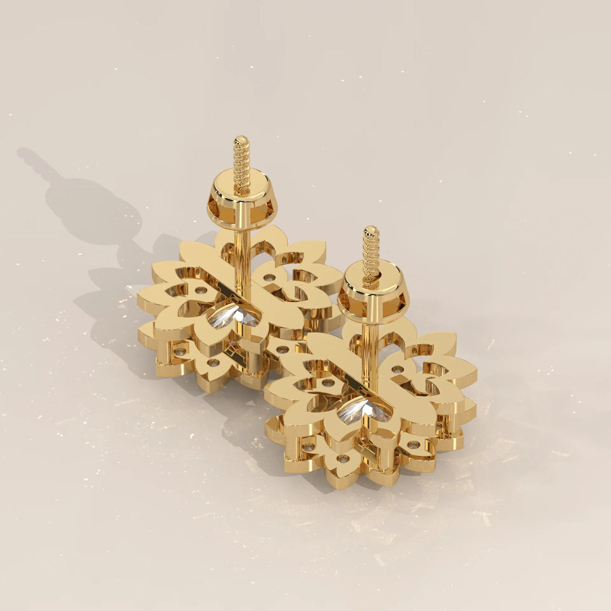 Oval Lab Grown Diamond Sunflower Halo Stud Earrings in yellow gold, product photograph on a plain background.