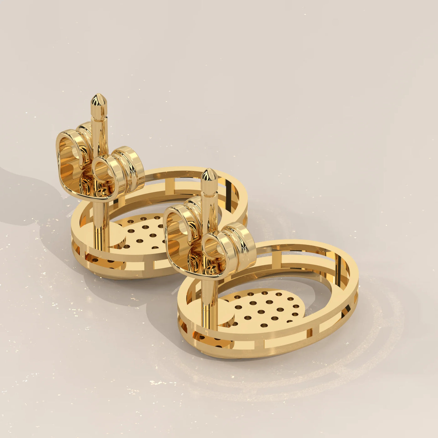 Angle View: Oval Diamond Stud Earrings with Pavé Setting in Yellow Gold – Lab Grown – Driona Jewels