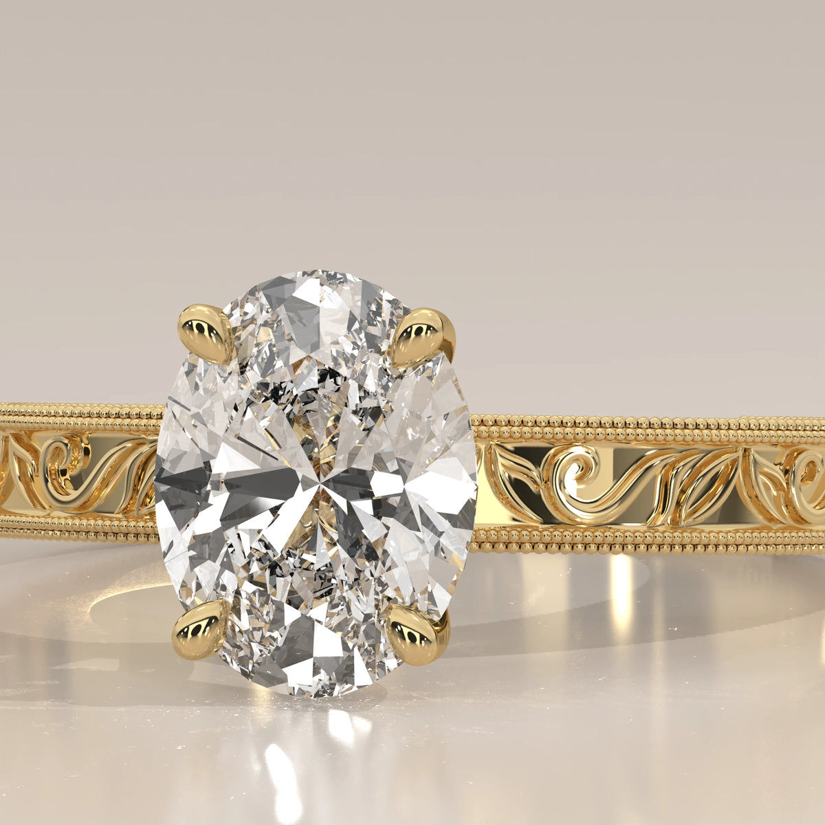 Close-Up: Oval Diamond Ring with Solitaire Setting in Yellow Gold – Lab Grown – Driona Jewels