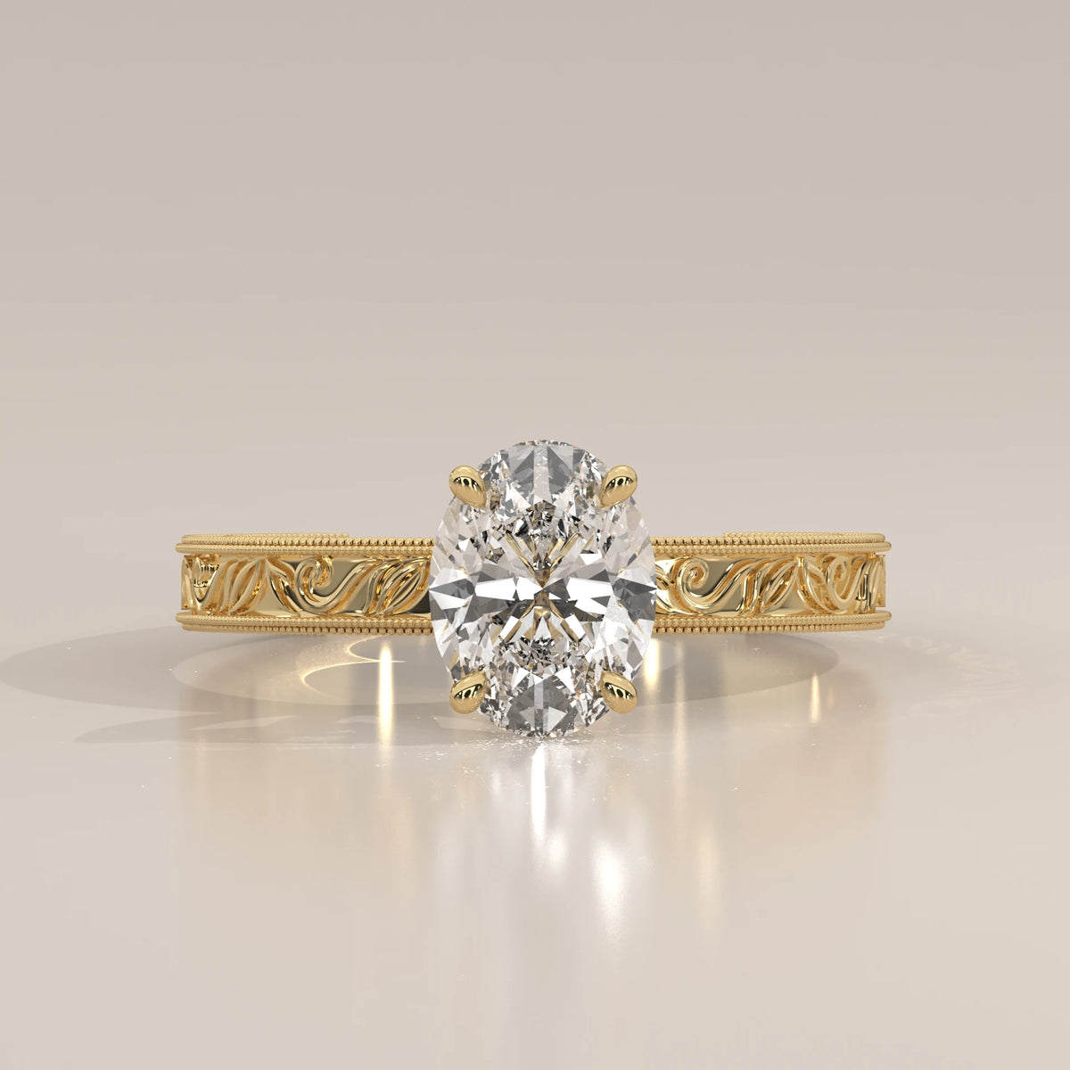 Front View: Oval Diamond Ring with Solitaire Setting in Yellow Gold – Lab Grown – Driona Jewels