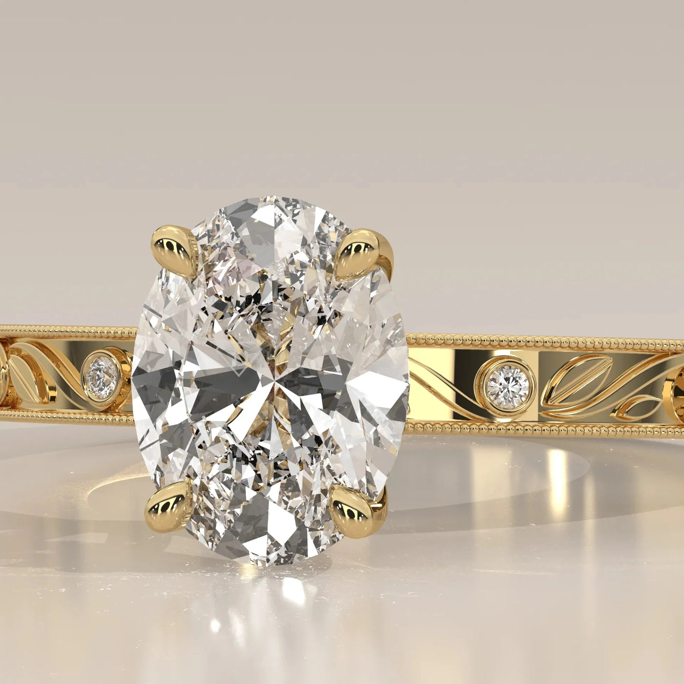 Front View: Oval Diamond Ring with Solitaire Setting in Yellow Gold – Lab Grown – Driona Jewels