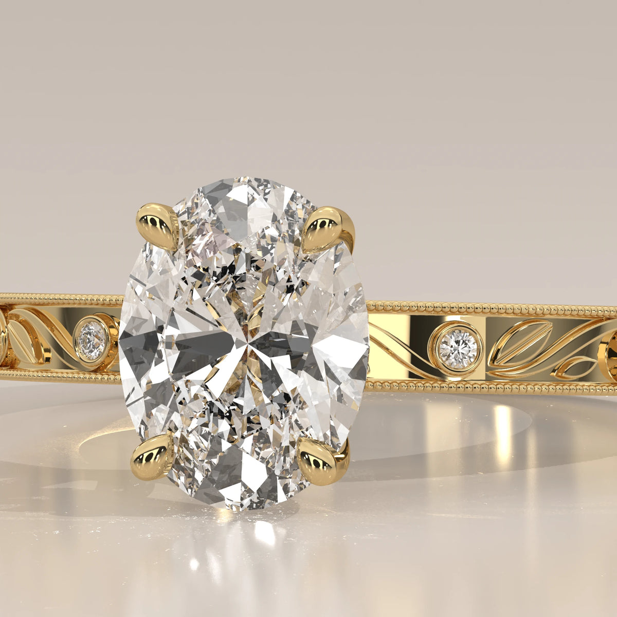 Front View: Oval Diamond Ring with Solitaire Setting in Yellow Gold – Lab Grown – Driona Jewels