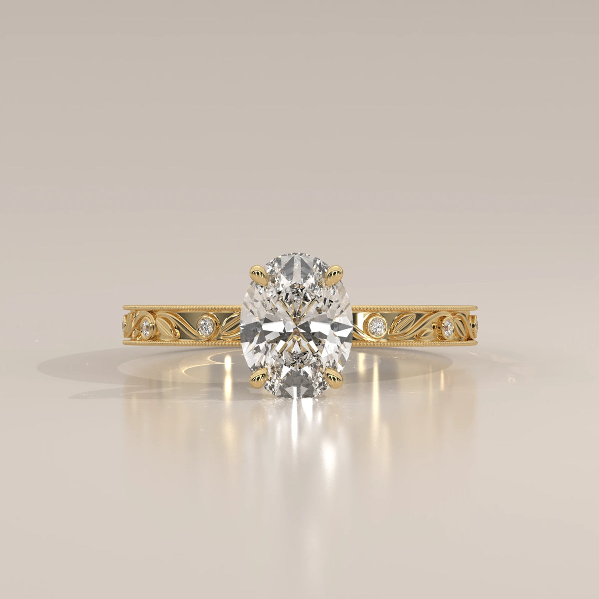 Front View: Oval Diamond Ring with Solitaire Setting in Yellow Gold – Lab Grown – Driona Jewels