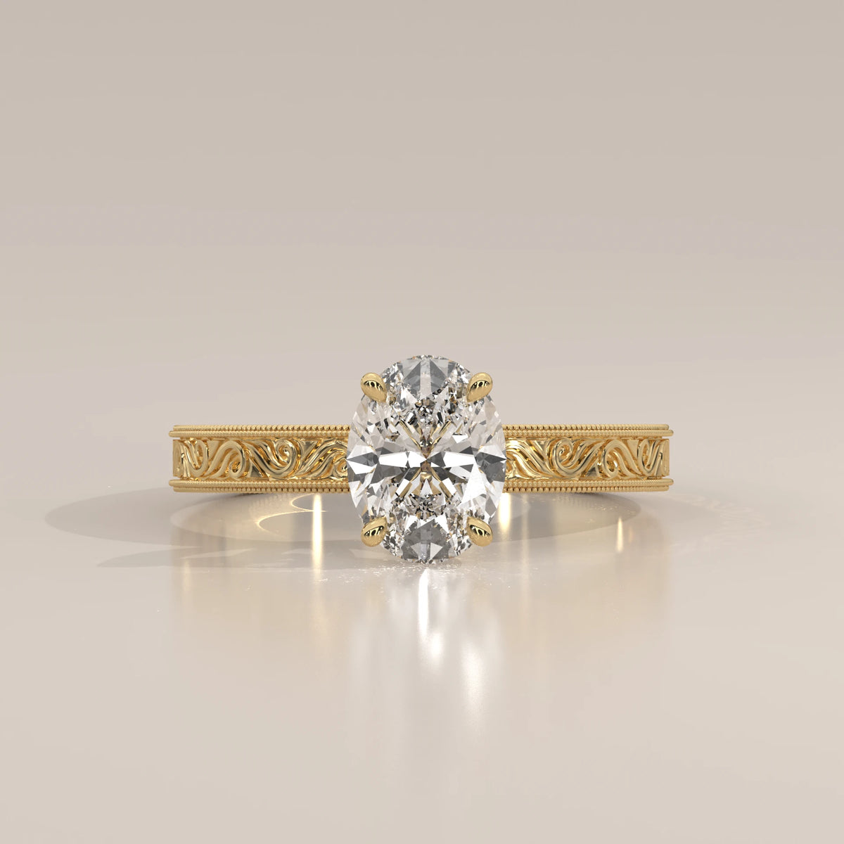 Front View: Oval Diamond Ring with Solitaire Setting in Yellow Gold – Lab Grown – Driona Jewels