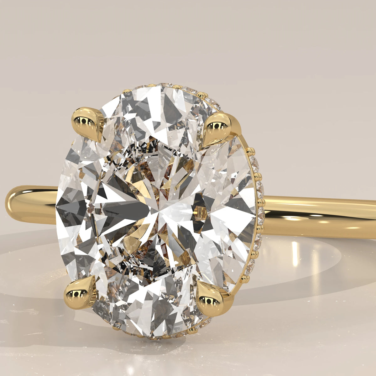 Close-Up: Oval Diamond Ring with Solitaire Setting in Yellow Gold – Lab Grown – Driona Jewels