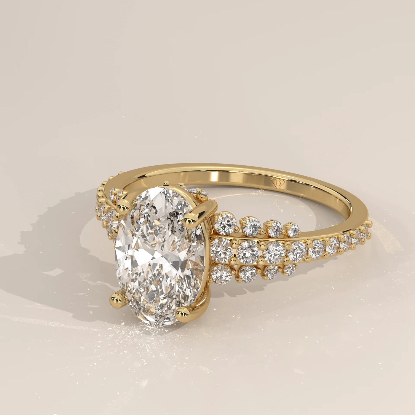 Angle View: Oval Diamond Ring with Split Shank Setting in Yellow Gold – Lab Grown – Driona Jewels