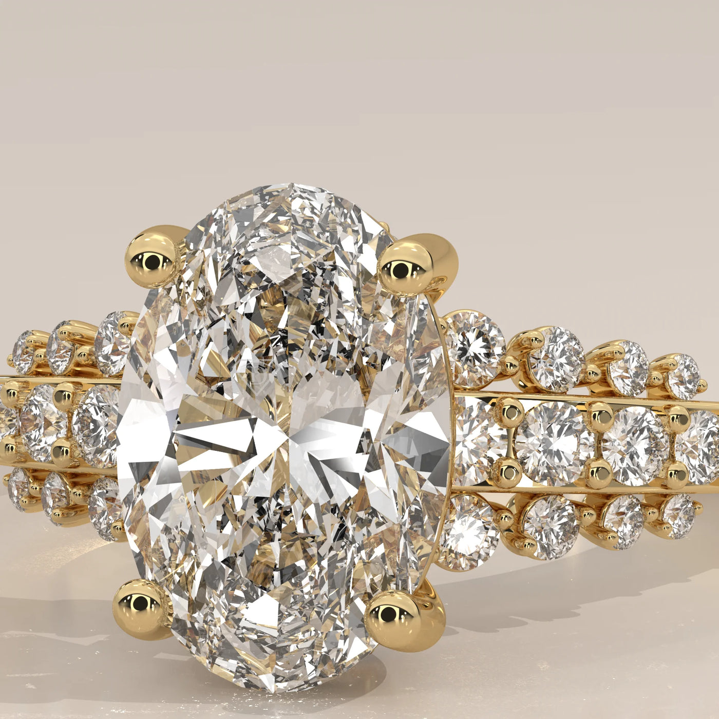 Stone Detail: Oval Lab Grown Diamonds in Split Shank Setting – Yellow Gold – Driona Jewels