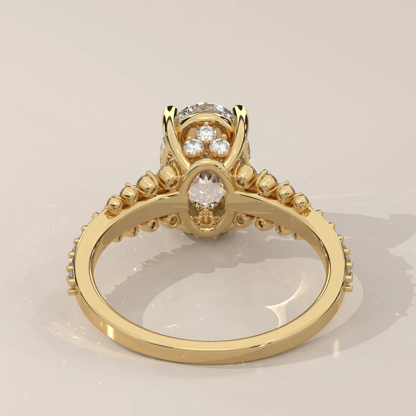 Top View: Oval Diamond Ring with Split Shank Setting in Yellow Gold – Lab Grown – Driona Jewels