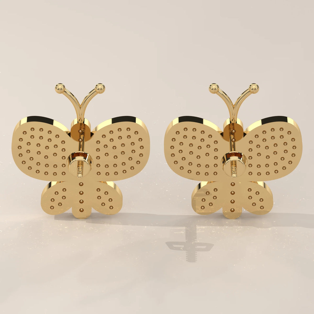Pave Butterfly Lab Grown Diamond Stud Earrings with Swirl Wings in yellow gold, photographed head-on.