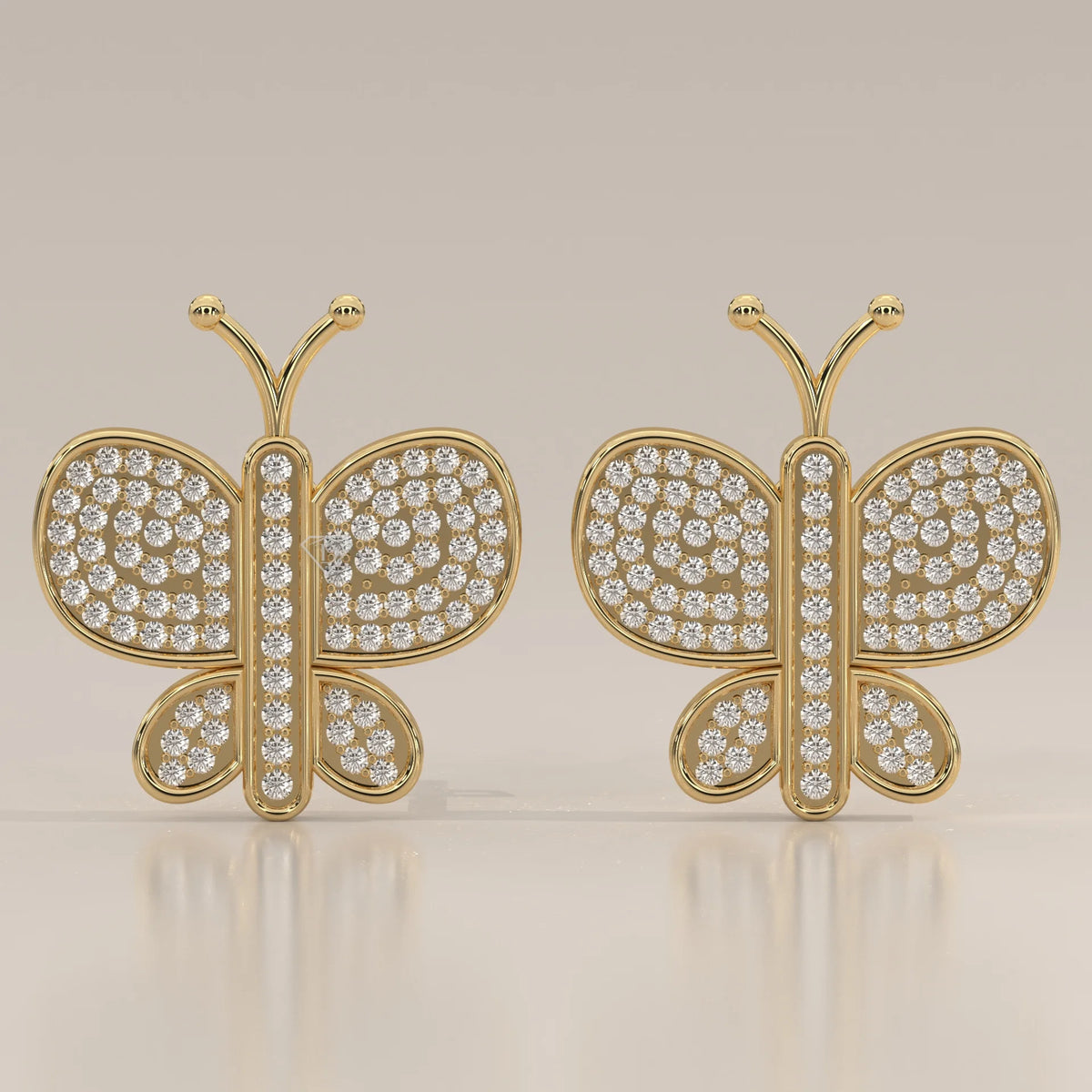 Pave Butterfly Lab Grown Diamond Stud Earrings with Swirl Wings in yellow gold, shown from the front.