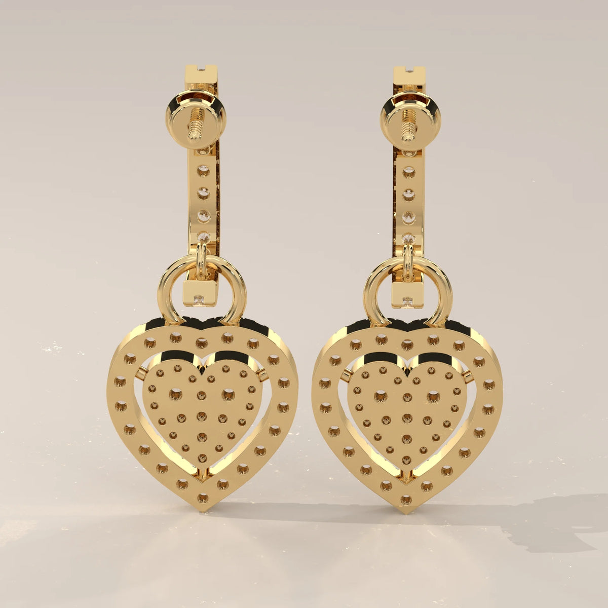 Pave Heart Lab Grown Diamond Drop Earrings on a Half Hoop Post in yellow gold, photographed head-on.