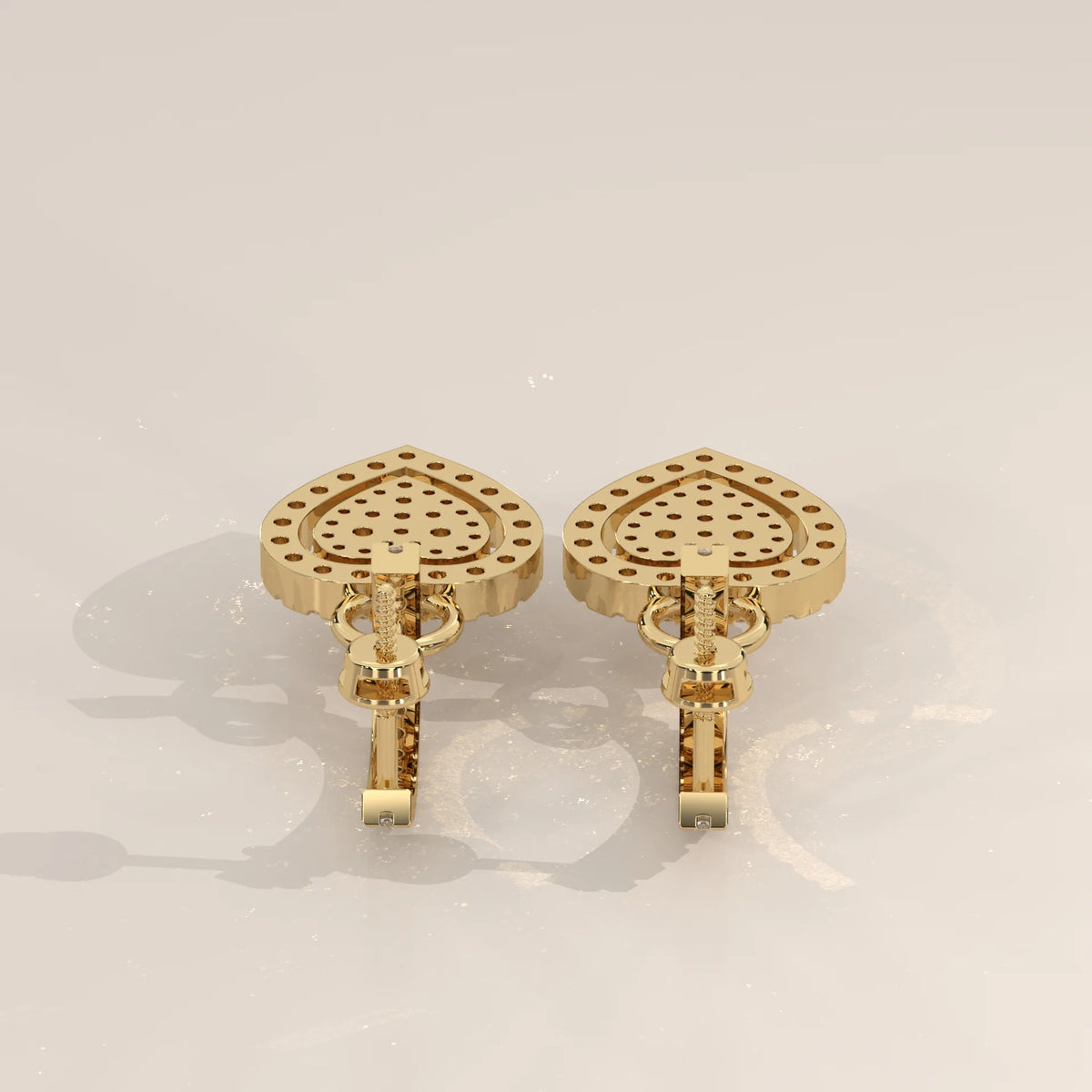 Pave Heart Lab Grown Diamond Drop Earrings on a Half Hoop Post in yellow gold, shown on a plain background.