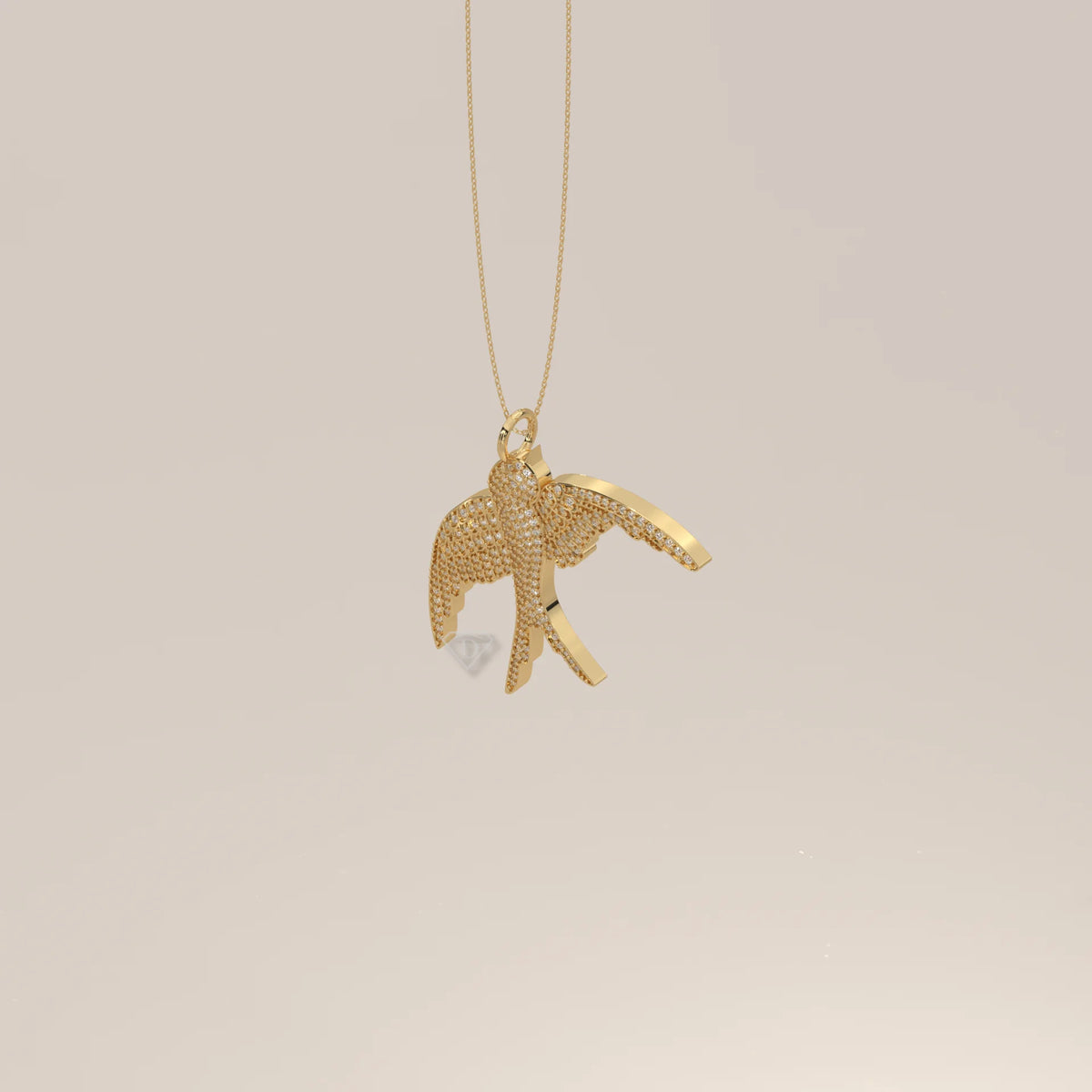 Pave Lab Grown Diamond Swallow Bird Pendant in Flight in yellow gold, photographed head-on.