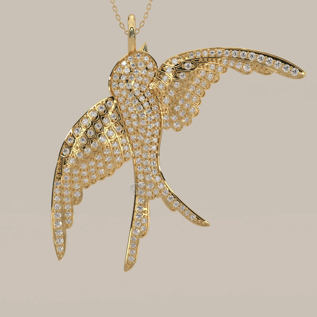 Pave Lab Grown Diamond Swallow Bird Pendant in Flight in yellow gold, shown on a plain background.