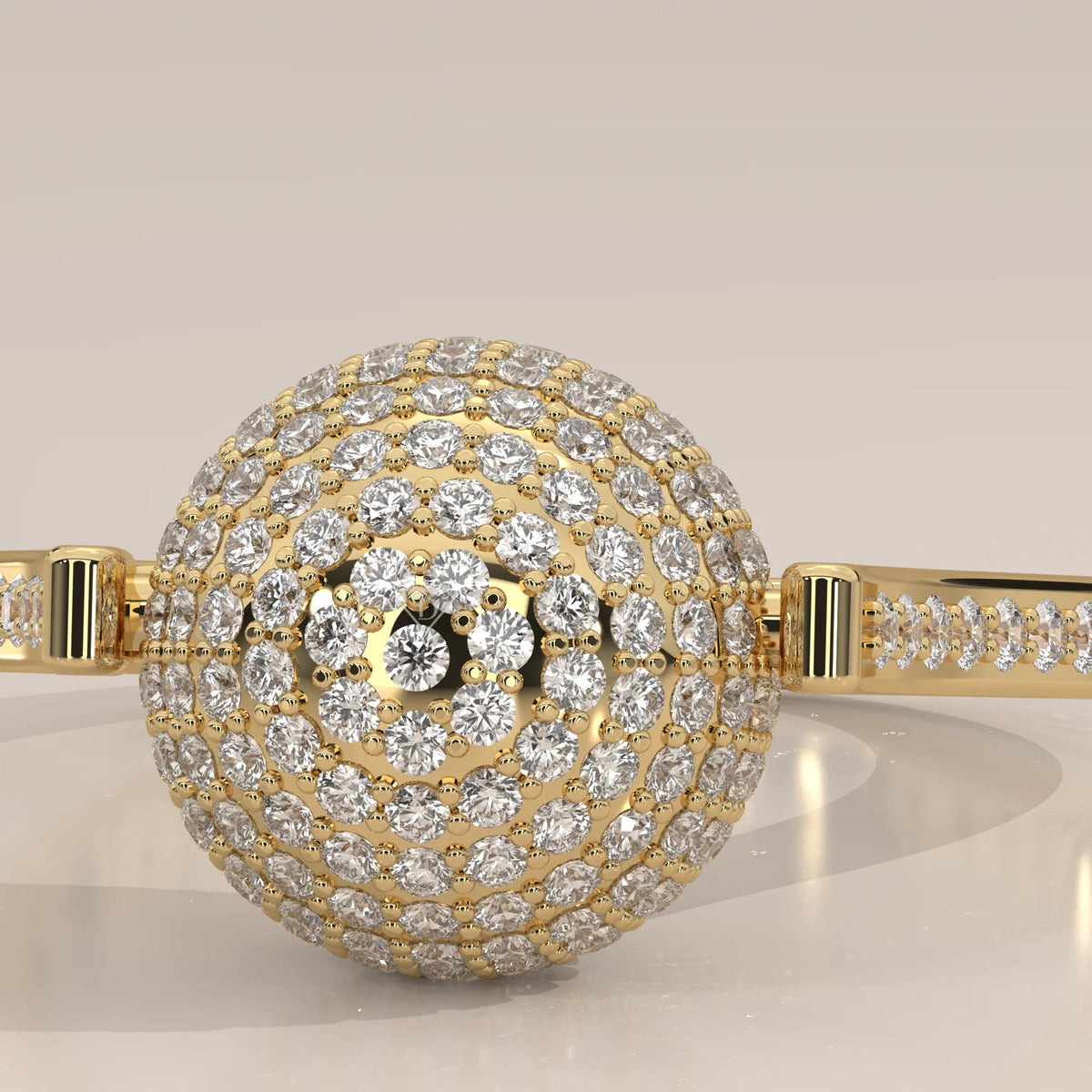 Round Lab Grown Diamond Pave Sphere Ring on a Pave Band in yellow gold, product photograph on a plain background.